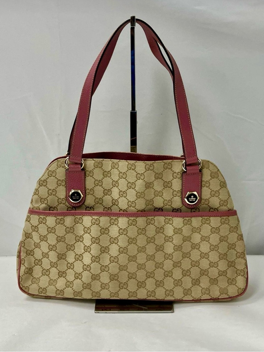Gucci Beige GG Canvas Shoulder Bag with Pink Trim and Straps